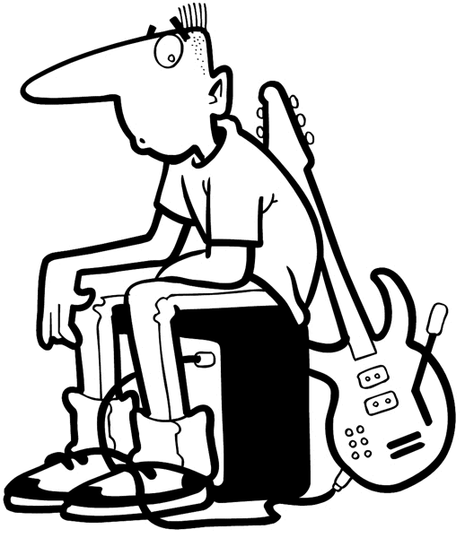 Man with electric guitar vinyl sticker. Customize on line. Music 061-0303